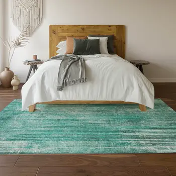 5' X 8' Teal And Ivory Striped Washable Area Rug With UV Protection