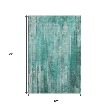 5' X 8' Teal And Ivory Striped Washable Area Rug With UV Protection