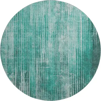 8' Teal And Ivory Striped Washable Round Rug With UV Protection