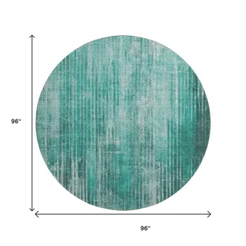 8' Teal And Ivory Striped Washable Round Rug With UV Protection