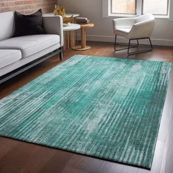 8' X 10' Teal And Ivory Striped Washable Area Rug With UV Protection
