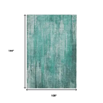 9' X 12' Teal And Ivory Striped Washable Area Rug With UV Protection