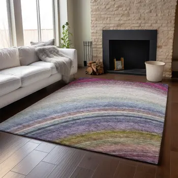 5' X 8' Beige Purple And Blue Ombre Washable Area Rug With UV Protection