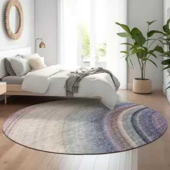 8' Beige Purple And Blue Ombre Washable Round Rug With UV Protection