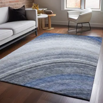 5' X 8' Blue Ivory And Gray Ombre Washable Area Rug With UV Protection