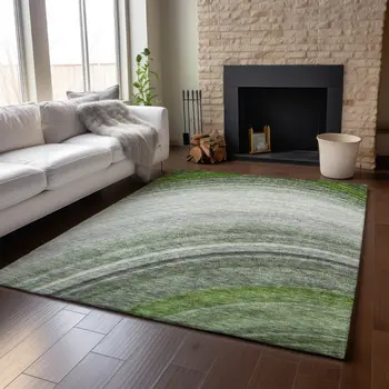 5' X 8' Green Ivory And Gray Ombre Washable Area Rug With UV Protection