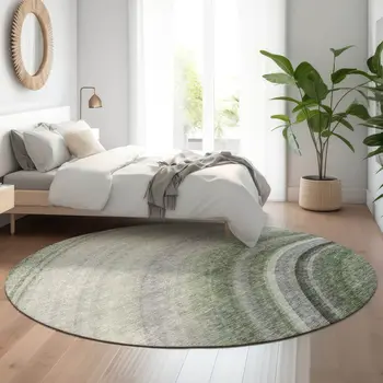 8' Green Ivory And Gray Ombre Washable Round Rug With UV Protection