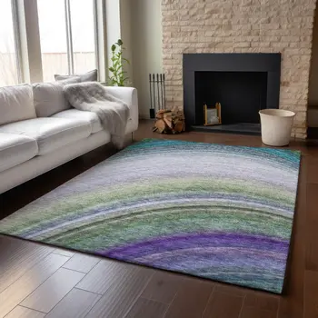 5' X 8' Teal Purple And Green Ombre Washable Area Rug With UV Protection