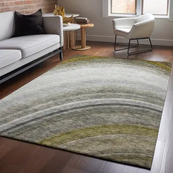 9' X 12' Taupe Gold And Gray Ombre Washable Area Rug With UV Protection