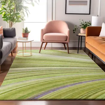3' X 5' Artichoke Green Ivory And Purple Abstract Washable Area Rug With UV Protection