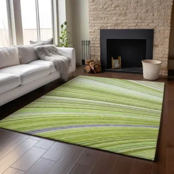 3' X 5' Artichoke Green Ivory And Purple Abstract Washable Area Rug With UV Protection