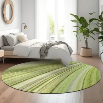 8' Artichoke Green Ivory And Purple Abstract Washable Round Rug With UV Protection