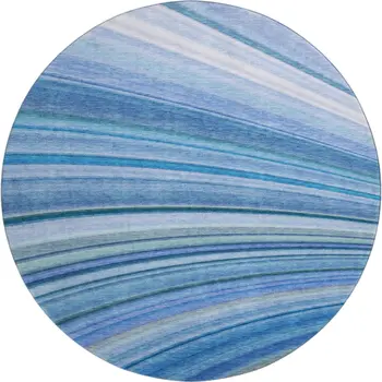 8' Blue Ivory And Gold Abstract Washable Round Rug With UV Protection