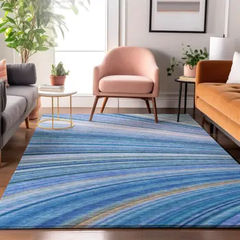 9' X 12' Blue Ivory And Gold Abstract Washable Area Rug With UV Protection