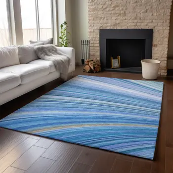 9' X 12' Blue Ivory And Gold Abstract Washable Area Rug With UV Protection