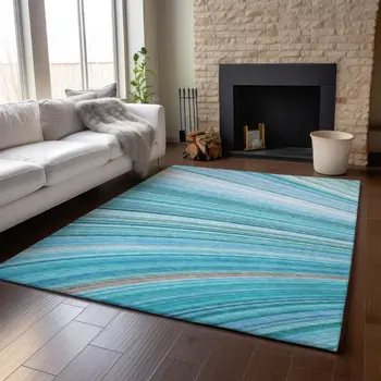 3' X 5' Teal And Ivory Abstract Washable Area Rug With UV Protection