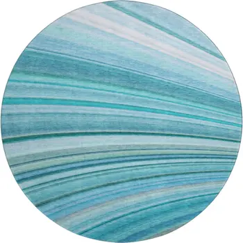 8' Teal And Ivory Abstract Washable Round Rug With UV Protection