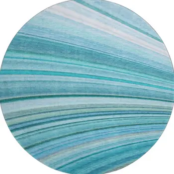 8' Teal And Ivory Abstract Washable Round Rug With UV Protection