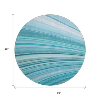 8' Teal And Ivory Abstract Washable Round Rug With UV Protection