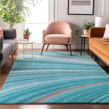 10' X 14' Teal And Ivory Abstract Washable Area Rug With UV Protection