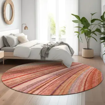 8' Terra Cotta Blue And Ivory Striped Washable Round Rug With UV Protection