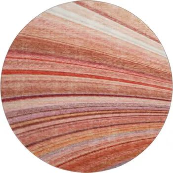 8' Terra Cotta Blue And Ivory Striped Washable Round Rug With UV Protection