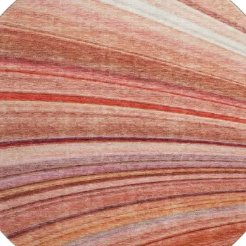 8' Terra Cotta Blue And Ivory Striped Washable Round Rug With UV Protection