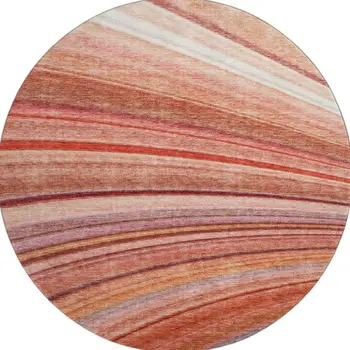 8' Terra Cotta Blue And Ivory Striped Washable Round Rug With UV Protection