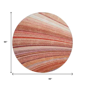 8' Terra Cotta Blue And Ivory Striped Washable Round Rug With UV Protection