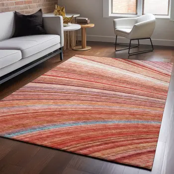 8' X 10' Terra Cotta Blue And Ivory Striped Washable Area Rug With UV Protection