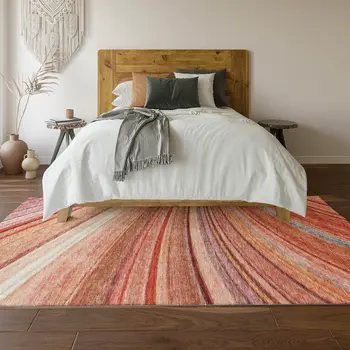 8' X 10' Terra Cotta Blue And Ivory Striped Washable Area Rug With UV Protection