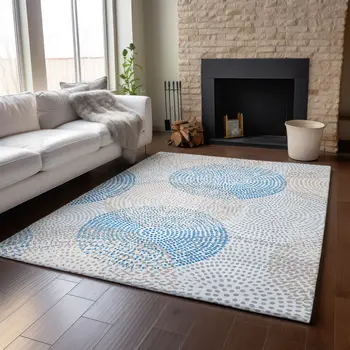 5' X 8' Ivory And Blue Abstract Washable Area Rug With UV Protection