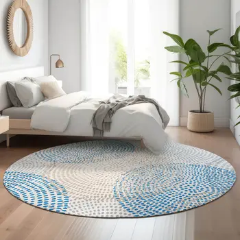 8' Ivory And Blue Abstract Washable Round Rug With UV Protection