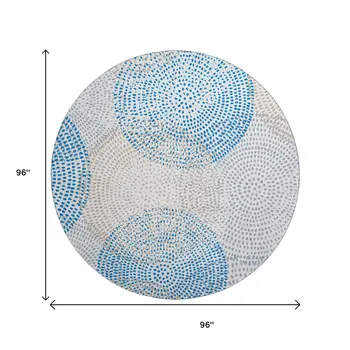 8' Ivory And Blue Abstract Washable Round Rug With UV Protection