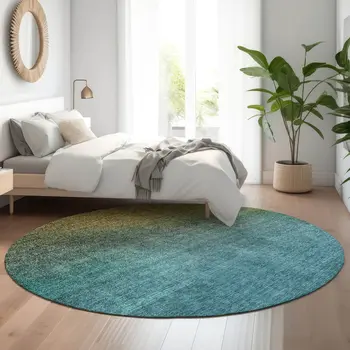 8' Brown And Blue Ombre Washable Round Rug With UV Protection