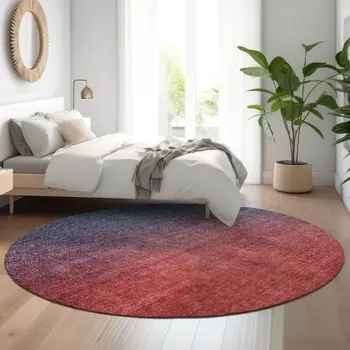 8' Navy Blue And Red Ombre Washable Round Rug With UV Protection