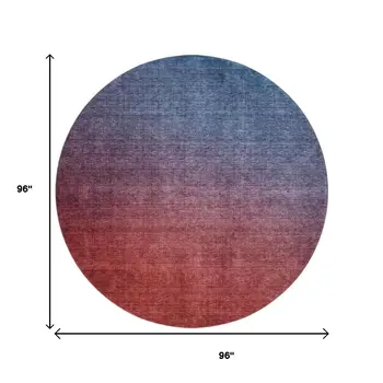 8' Navy Blue And Red Ombre Washable Round Rug With UV Protection
