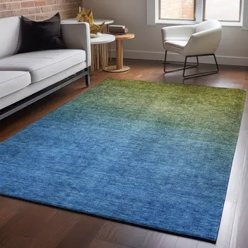 5' X 8' Olive Green And Blue Ombre Washable Area Rug With UV Protection