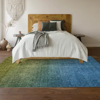 8' X 10' Olive Green And Blue Ombre Washable Area Rug With UV Protection