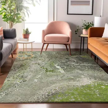 5' X 8' Artichoke Green Gray And Ivory Abstract Washable Area Rug With UV Protection