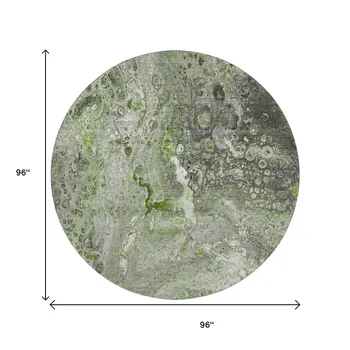 8' Artichoke Green Gray And Ivory Abstract Washable Round Rug With UV Protection