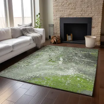 10' X 14' Artichoke Green Gray And Ivory Abstract Washable Area Rug With UV Protection