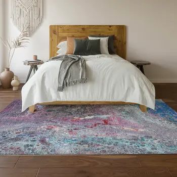 3' X 5' Blue Pink And Purple Abstract Washable Area Rug With UV Protection