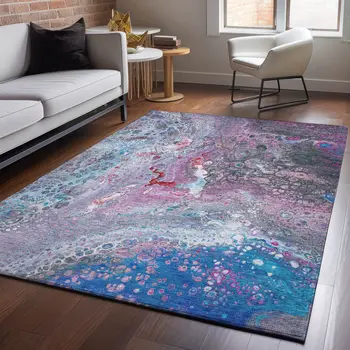 5' X 8' Blue Pink And Purple Abstract Washable Area Rug With UV Protection
