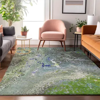 5' X 8' Green Blue And Ivory Abstract Washable Area Rug With UV Protection