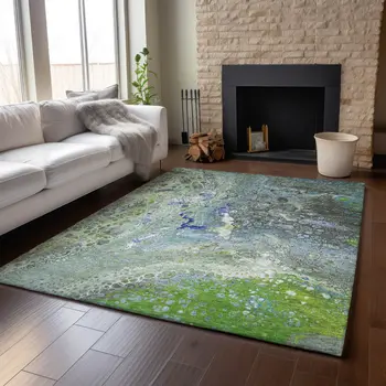5' X 8' Green Blue And Ivory Abstract Washable Area Rug With UV Protection