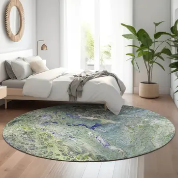 8' Green Blue And Ivory Abstract Washable Round Rug With UV Protection