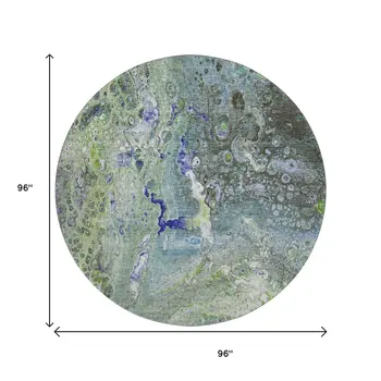 8' Green Blue And Ivory Abstract Washable Round Rug With UV Protection
