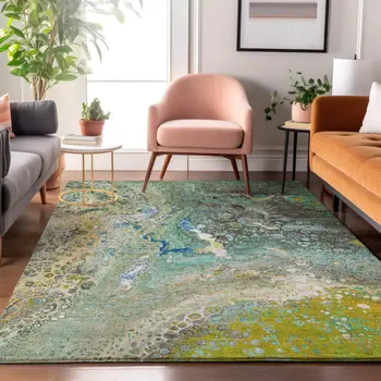 5' X 8' Teal Gold And Gray Abstract Washable Area Rug With UV Protection