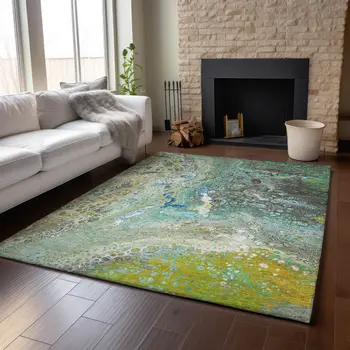 5' X 8' Teal Gold And Gray Abstract Washable Area Rug With UV Protection